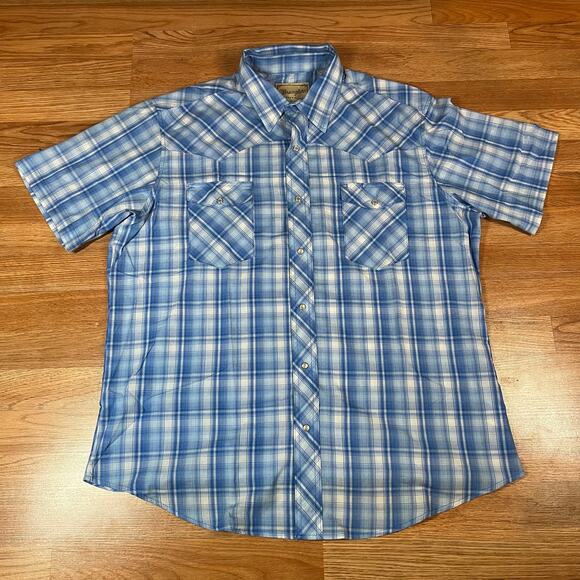 Wrangler Shirt Mens Sz XL Blue White Plaid Pearl Snap Western Rodeo Cowboy - Picture 1 of 4
